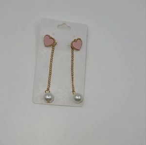 Pink Hearts and pearl dangling chain earrings with gold hardware